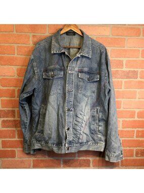 Y2K Delf Denim Trucker Jacket Embroidered Size L Hip Hop Streetwear Grunge